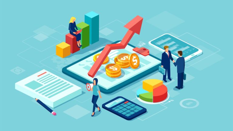Illustration of data analysis concept with shopper and team of business people