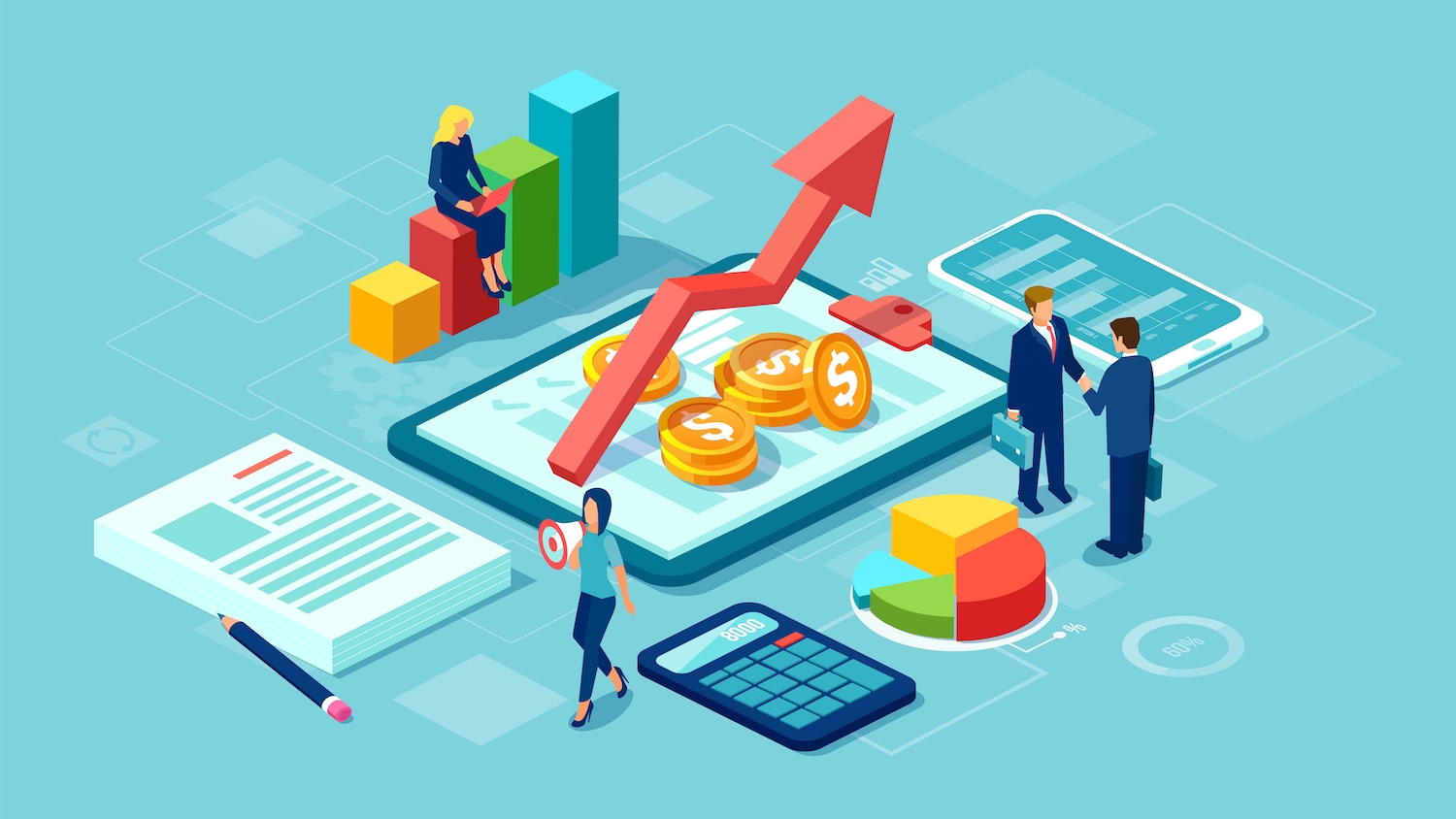 Illustration of data analysis concept with shopper and team of business people